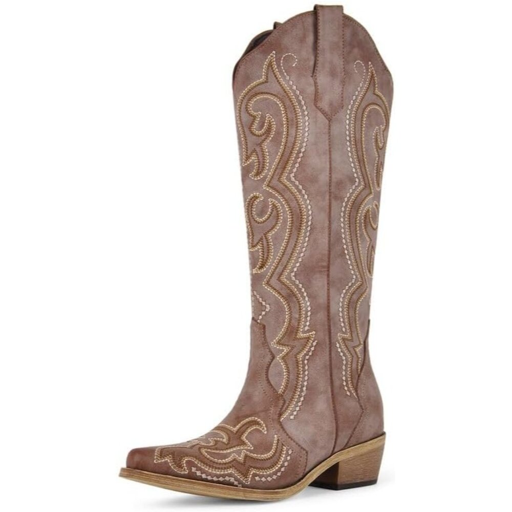 Women Brown Knee High Western Cowgirl Boots Snip Toe Side Zipper Chunky Heel